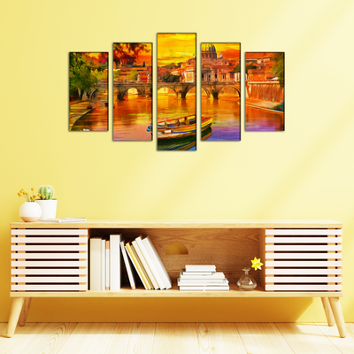 Abstract Lake Scenery Canvas Wall Painting- With 5 Frames