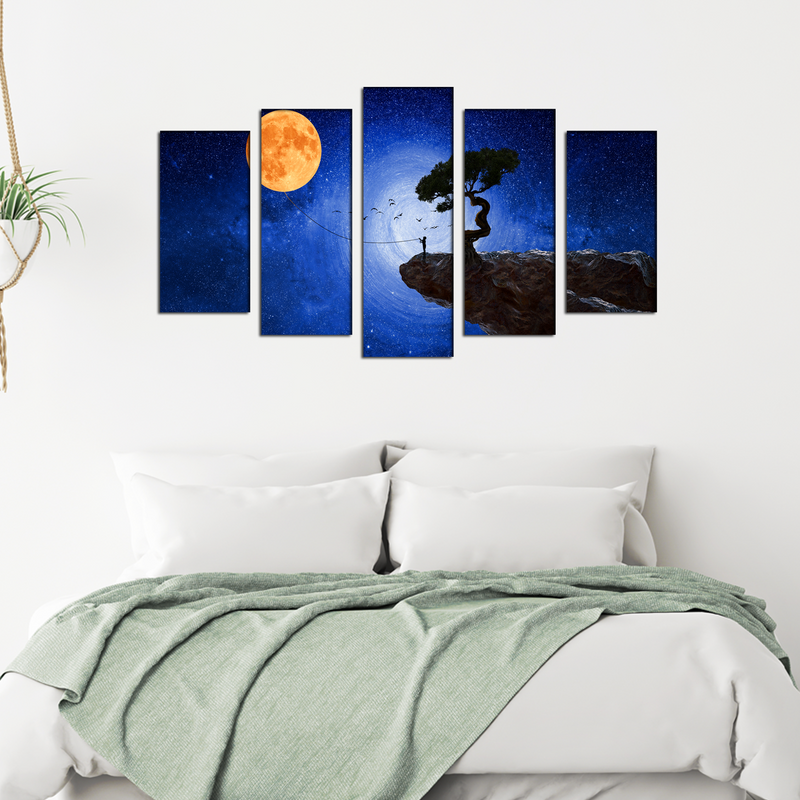 Child Catches The Moon Canvas Wall Painting- With 5 Frames