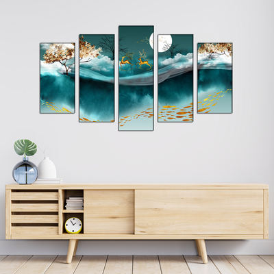Deer And Moon Canvas Wall Painting- With 5 Frames