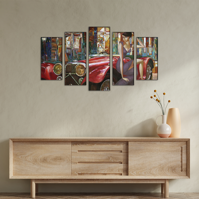 Girl With Car Abstract Wood Framed Canvas Wall Painting- With 5 Frames