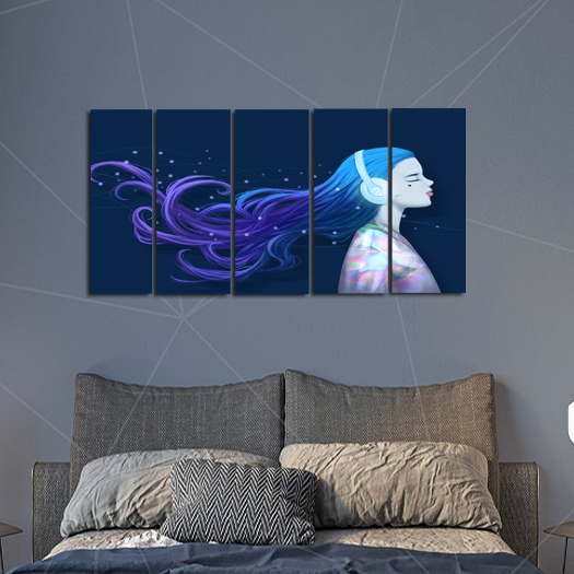 Girl With Headphones Canvas Wall Painting - With 5 Frames