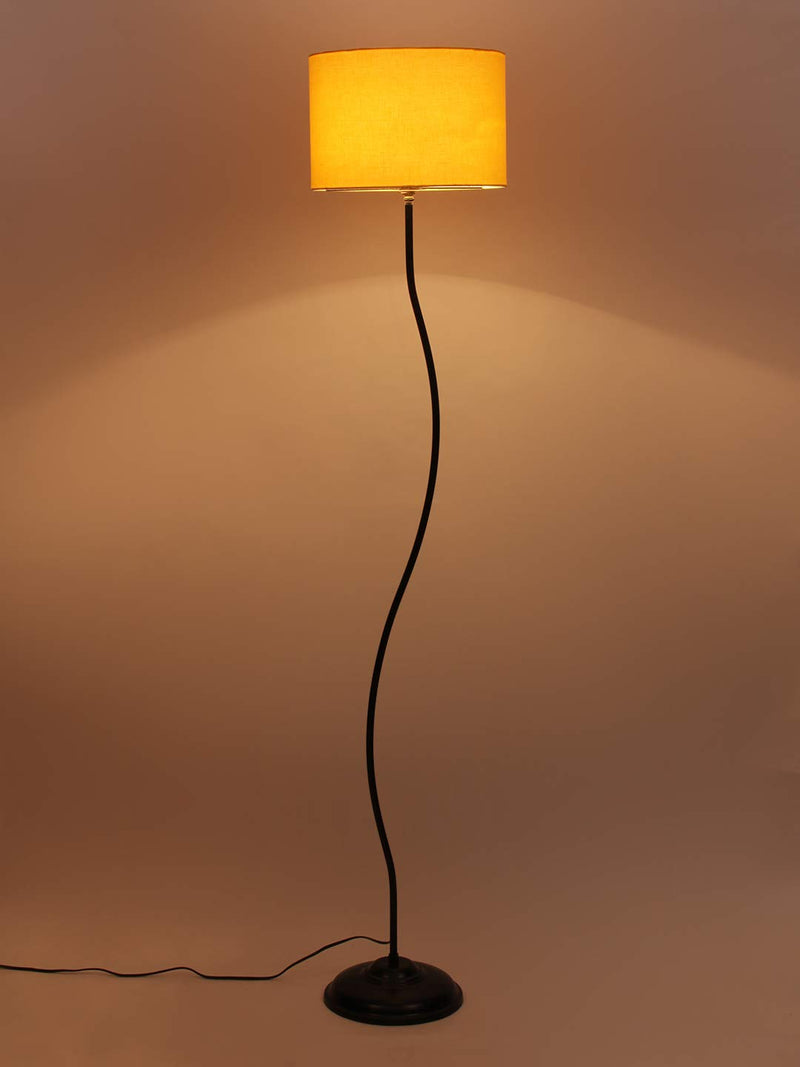 Drum Curvy Yellow Cotton Shade Floor Lamp with Black Base