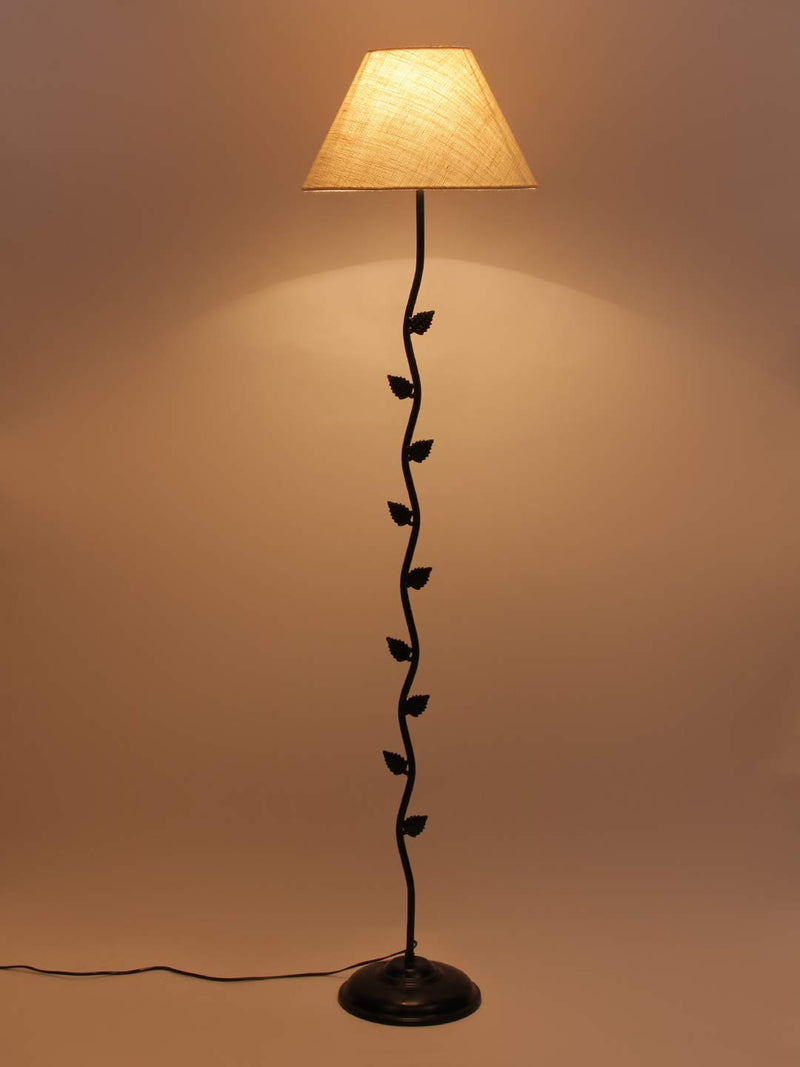 Conical White Jute Shade Leaf Floor Lamp with Black Base