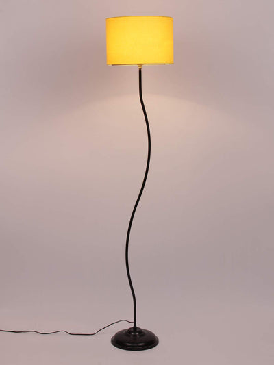 Drum Curvy Yellow Cotton Shade Floor Lamp with Black Base