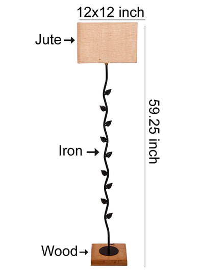 Beige Square Jute Shade Leaf Floor Lamp with Wood Square Base