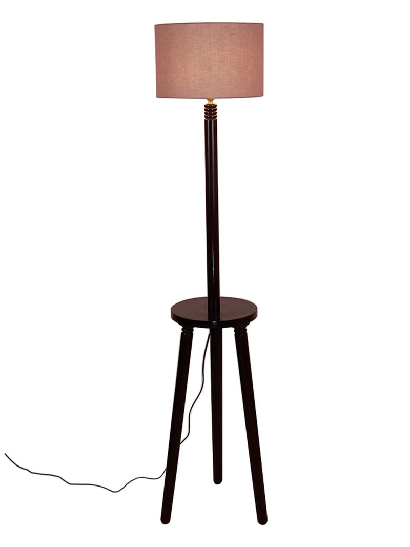 Grey Cotton Drum Shade Wood Brown Table Floor lamp