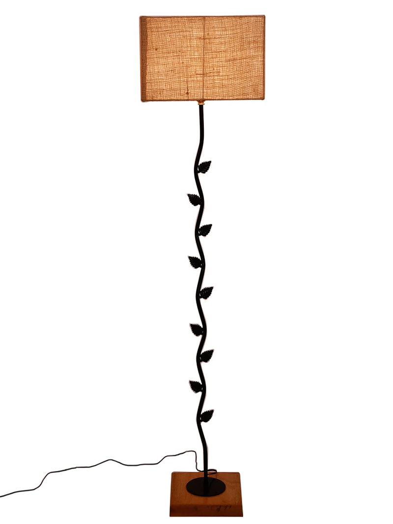 Beige Square Jute Shade Leaf Floor Lamp with Wood Square Base