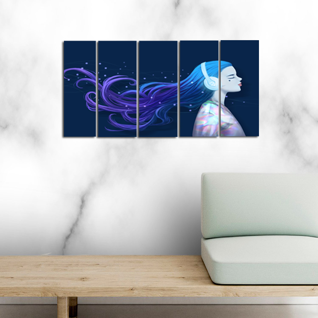 Girl With Headphones Canvas Wall Painting - With 5 Frames