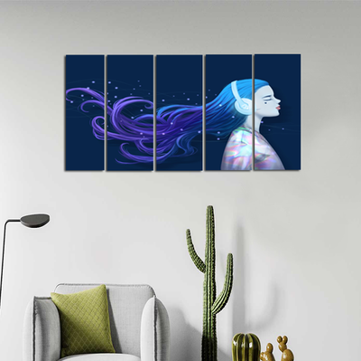 Girl With Headphones Canvas Wall Painting - With 5 Frames