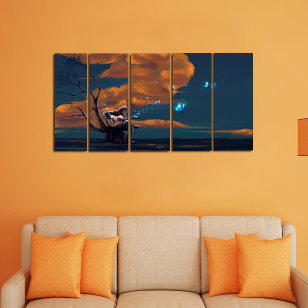 Boy Playing Guitar In Night Canvas Wall Painting - With 5 Panel