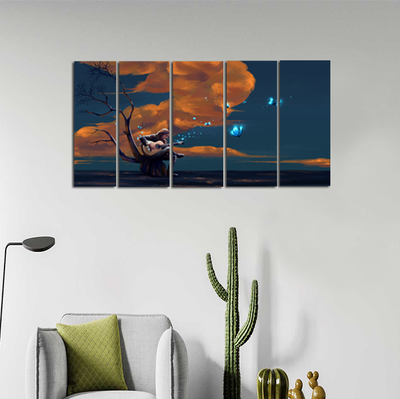 Boy Playing Guitar In Night Canvas Wall Painting - With 5 Panel