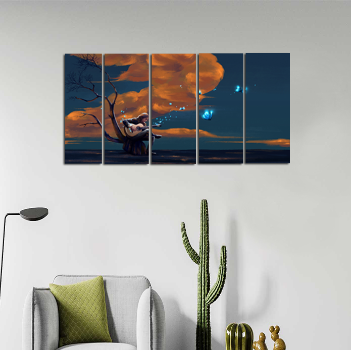 Boy Playing Guitar In Night Canvas Wall Painting - With 5 Panel