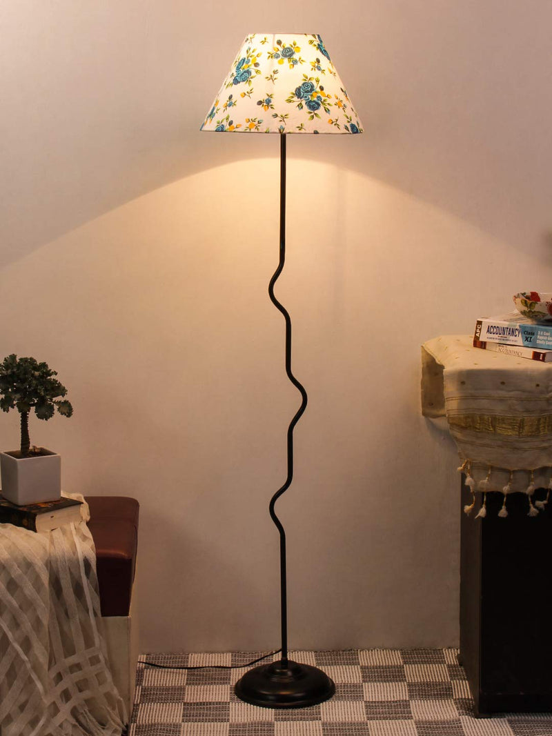 Conical Multicolor Cotton Shade Floor Lamp with Black Base