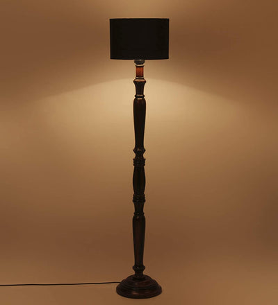 Black Cotton Drum Designer Fashionable Wooden Floor Lamp for Home Decor (Black, Medium)