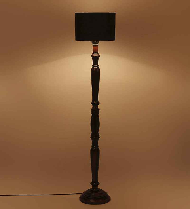 Black Cotton Drum Designer Fashionable Wooden Floor Lamp for Home Decor (Black, Medium)