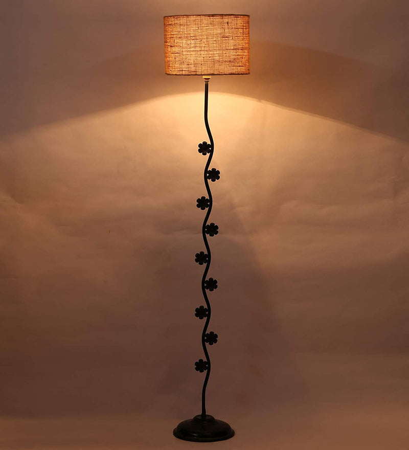 Hard Back Beige Jute Designer Flower Iron Floor Standing Lamp (Beige)