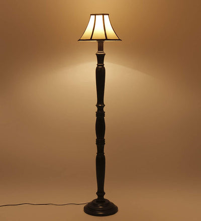 Cotton Drum Designer Fashionable Wooden Floor Lamp for Home Decor (Off White& Brown, Medium)