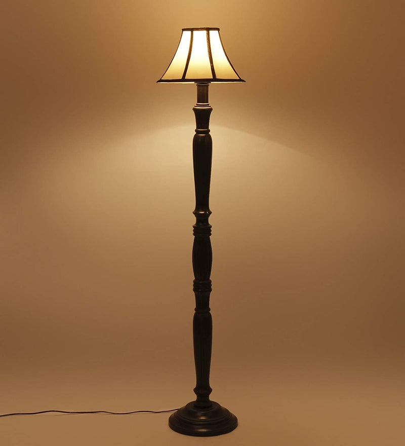 Cotton Drum Designer Fashionable Wooden Floor Lamp for Home Decor (Off White& Brown, Medium)