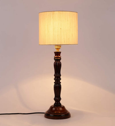 Cotton Drum Designer Wooden Table Lamp for Home Decor (Off White, Small) AD535