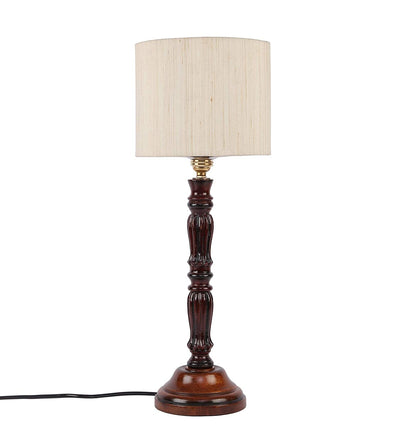 Cotton Drum Designer Wooden Table Lamp for Home Decor (Off White, Small) AD535