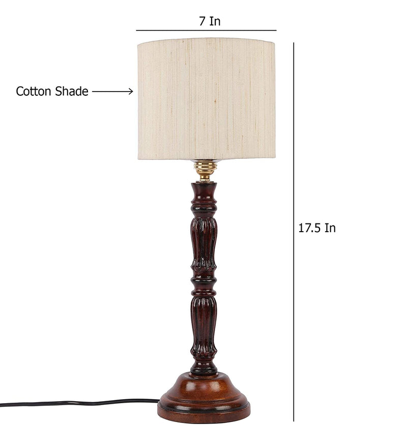Cotton Drum Designer Wooden Table Lamp for Home Decor (Off White, Small) AD535