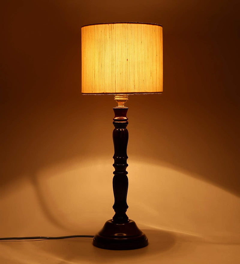 Cotton Drum Designer Wooden Table Lamp for Home Decor (Off White, Small) AD535