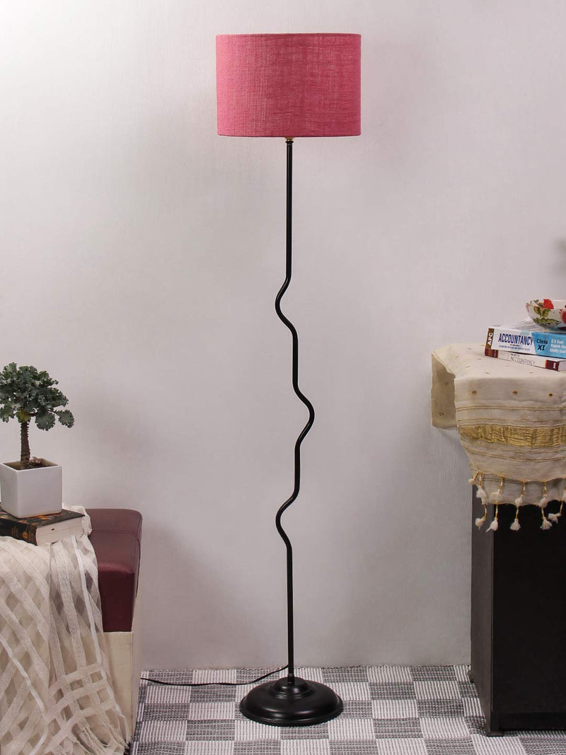 Drum Curvy Pink Jute Shade Floor Lamp with Black Base
