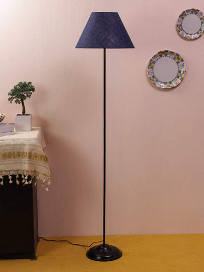 Conical Blue Jute Shade Floor Lamp with Black Base
