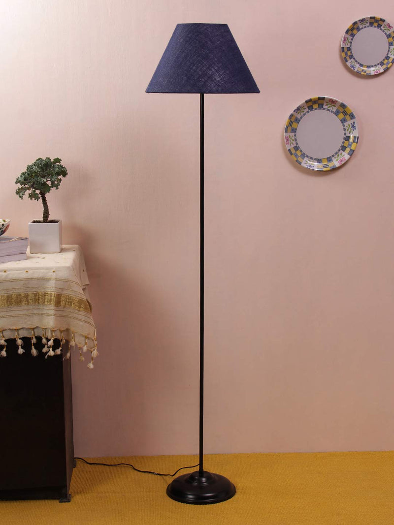 Conical Blue Jute Shade Floor Lamp with Black Base