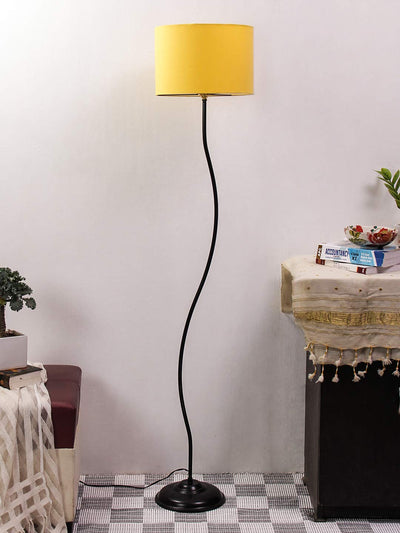 Drum Curvy Yellow Cotton Shade Floor Lamp with Black Base