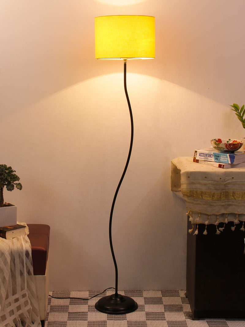 Drum Curvy Yellow Cotton Shade Floor Lamp with Black Base