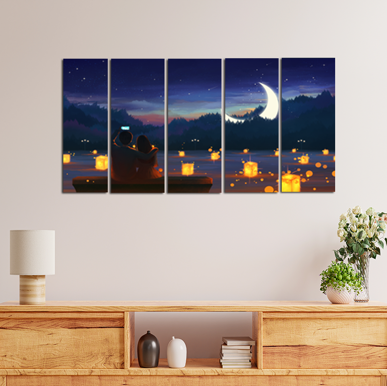 Couple Night Scenery Scenery Canvas Wall Painting - With 5 Panel