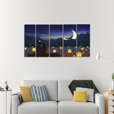 Couple Night Scenery Scenery Canvas Wall Painting - With 5 Panel