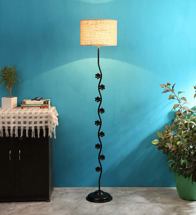Hard Back Beige Jute Designer Flower Iron Floor Standing Lamp (Beige)