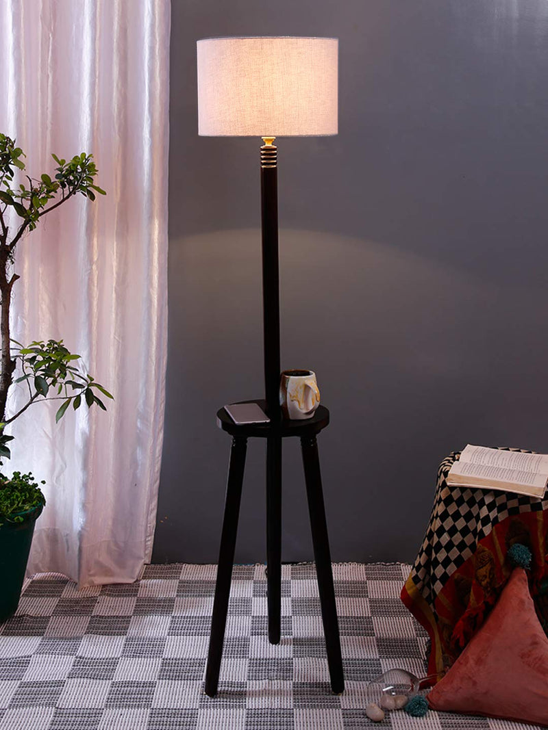Grey Cotton Drum Shade Wood Brown Table Floor lamp