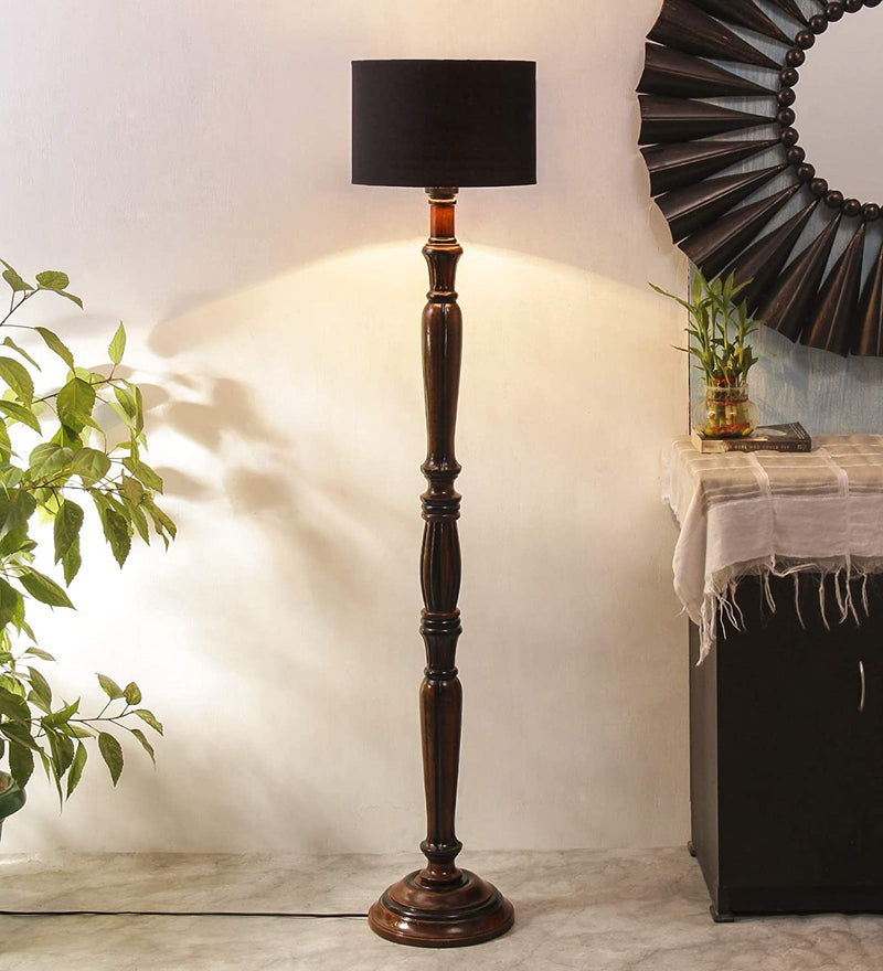 Black Cotton Drum Designer Fashionable Wooden Floor Lamp for Home Decor (Black, Medium)
