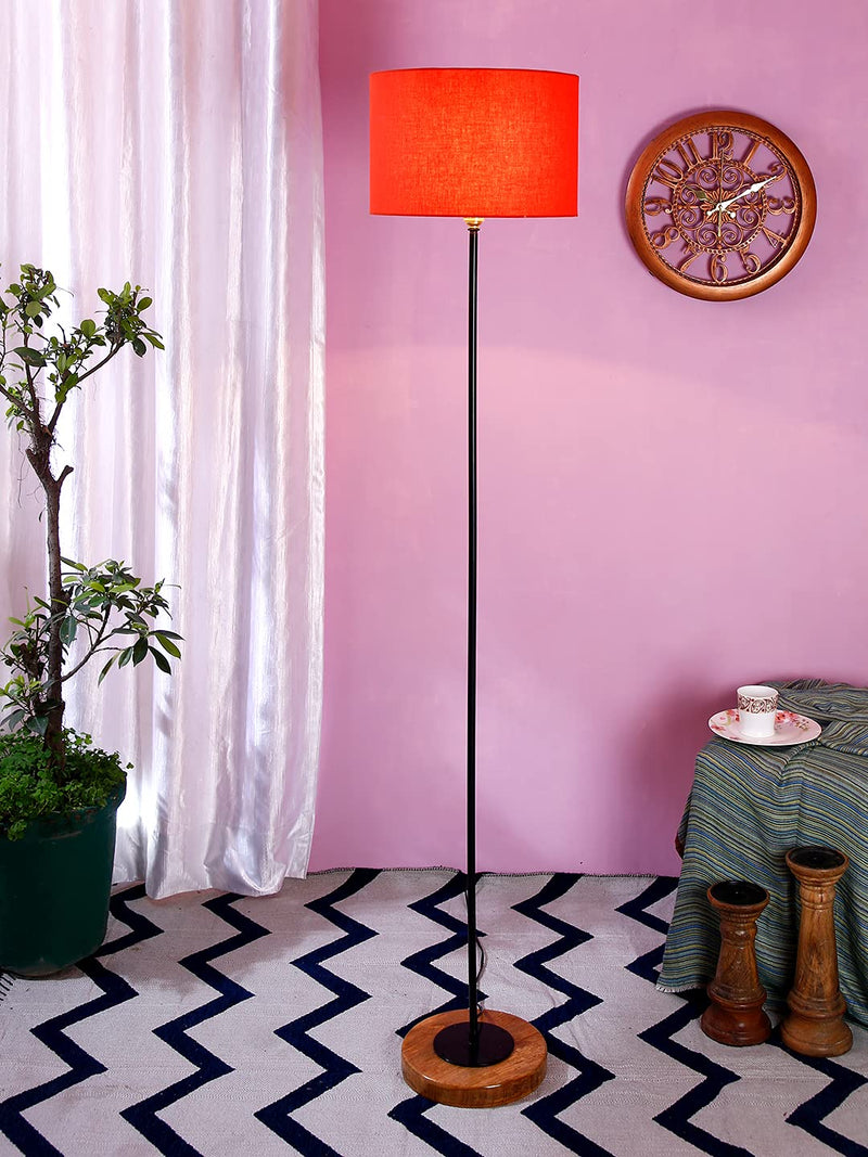Orange Drum Cotton Shade Stick Floor Lamp with Wood Round Base