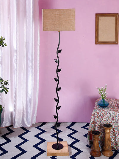 Beige Square Jute Shade Leaf Floor Lamp with Wood Square Base