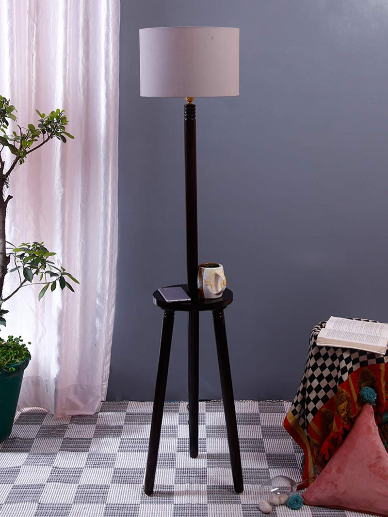 Grey Cotton Drum Shade Wood Brown Table Floor lamp