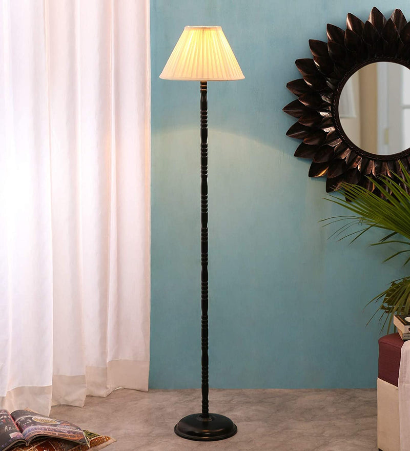 Off-Cotton Pleated Designer Iron Floor Lamp (Off-White)