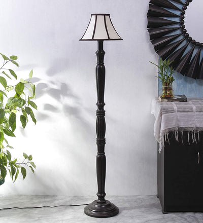 Cotton Drum Designer Fashionable Wooden Floor Lamp for Home Decor (Off White& Brown, Medium)