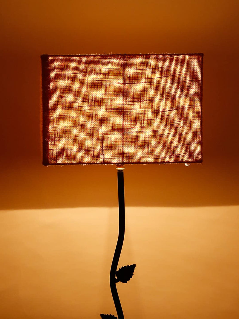 Beige Square Jute Shade Leaf Floor Lamp with Wood Square Base