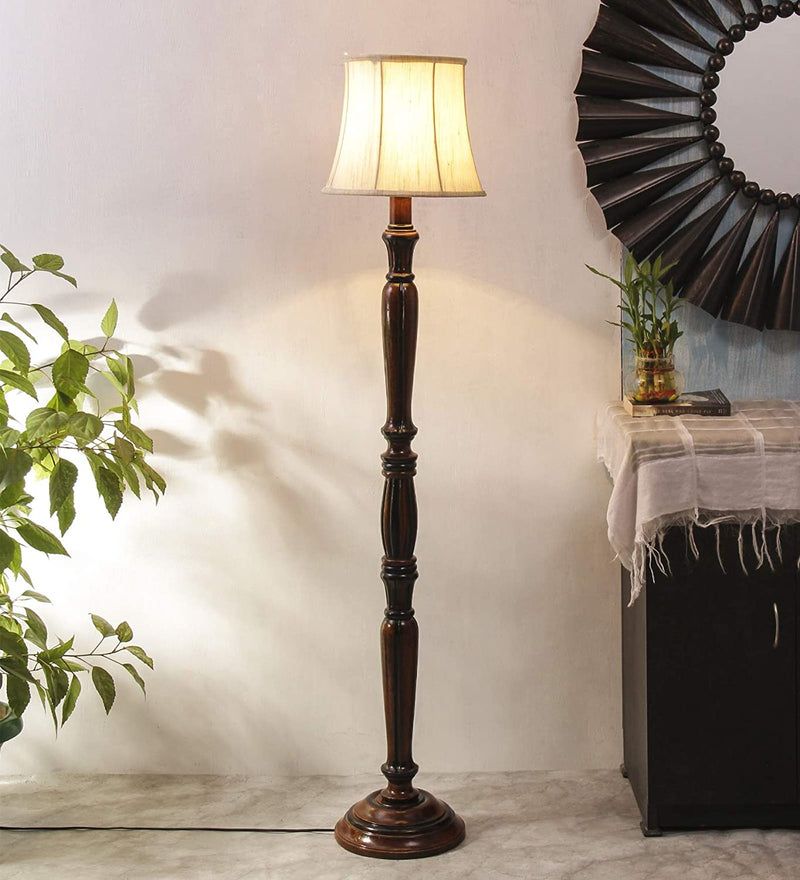 Off White Cotton Cylindrical Drum Designer Fashionable Wooden Floor Lamp for Home Decor (Off White, Medium)