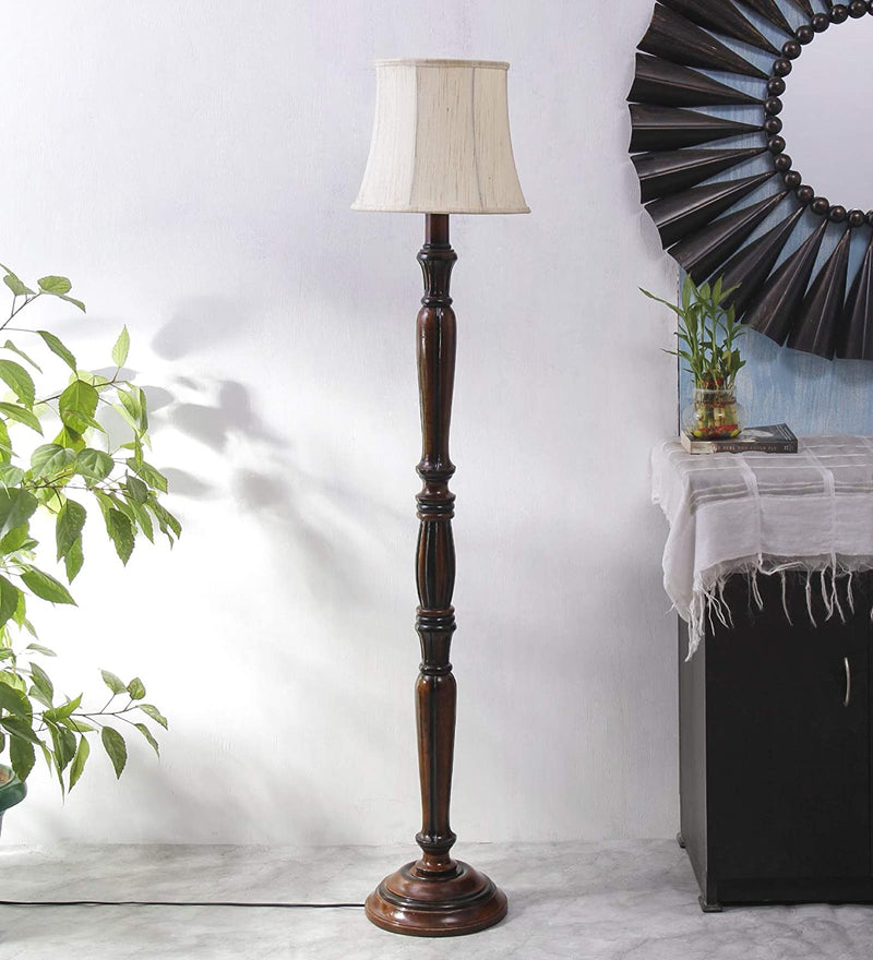 Off White Cotton Cylindrical Drum Designer Fashionable Wooden Floor Lamp for Home Decor (Off White, Medium)