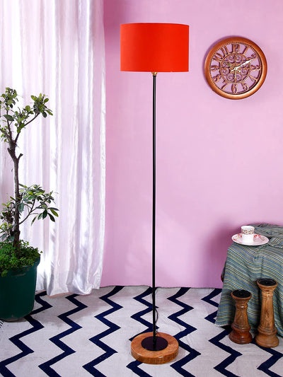 Orange Drum Cotton Shade Stick Floor Lamp with Wood Round Base