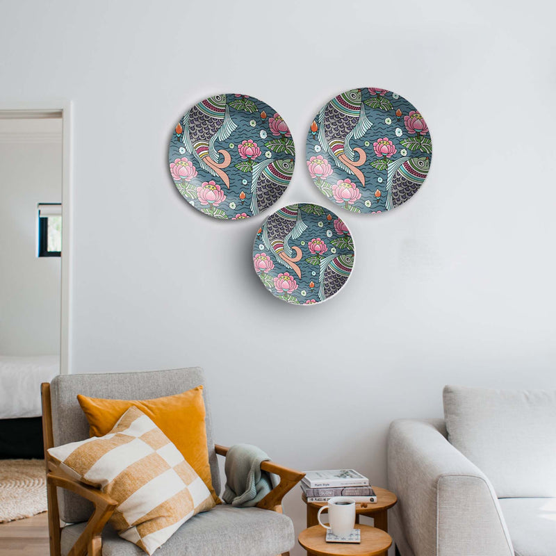 Madhubani Pattern Fish & Lotus Wall Plates Painting Set of Three