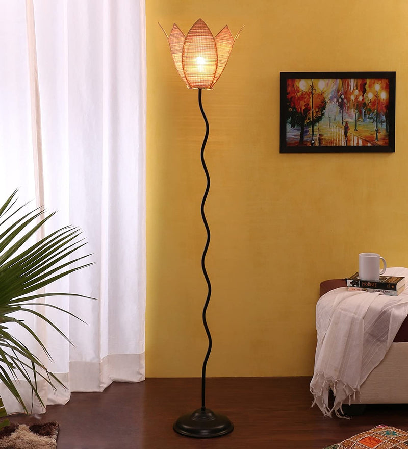 Lotus Bamboo Designer Zig Zag Iron Floor Lamps (Bamboo)