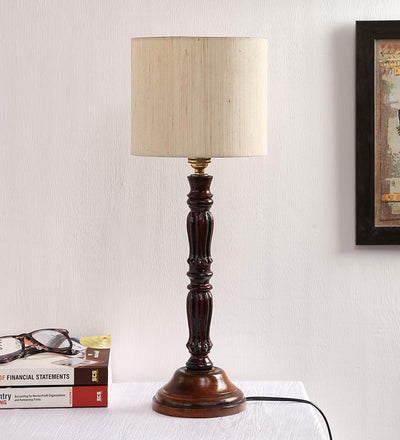 Cotton Drum Designer Wooden Table Lamp for Home Decor (Off White, Small) AD535