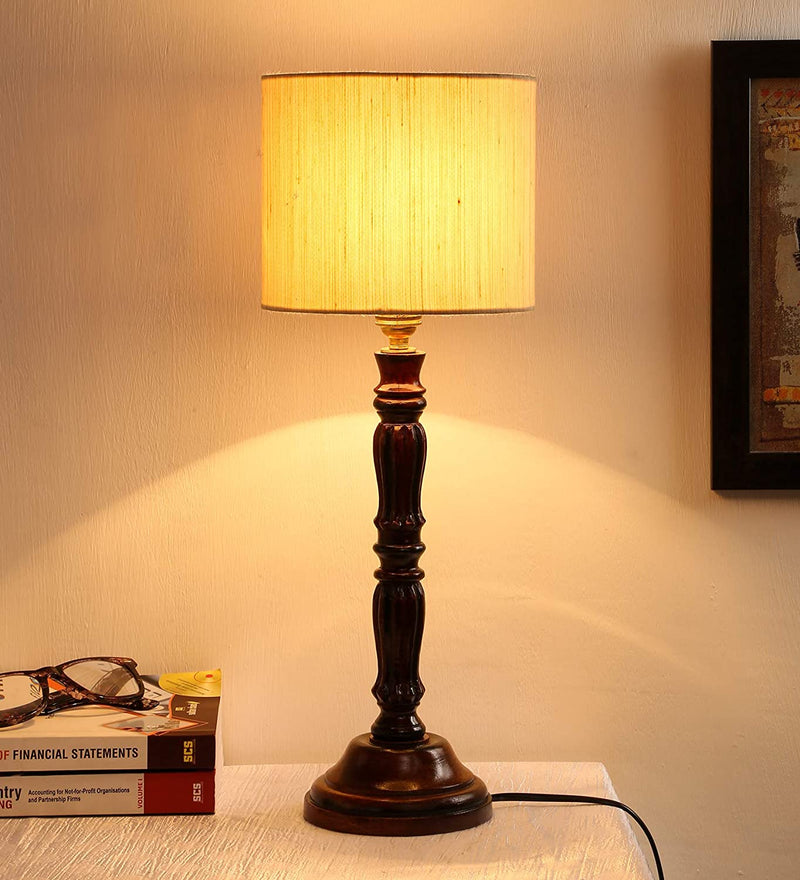 Cotton Drum Designer Wooden Table Lamp for Home Decor (Off White, Small) AD535