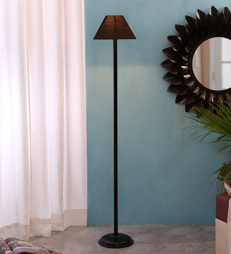 Black Cotton Rectangular Designer Iron Standing Floor Lamp (Black)